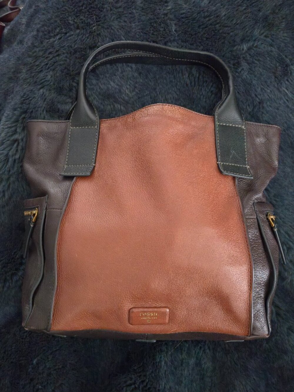 Fossil Emmerson Leather Tote Handbag Brown Tan Colorblock